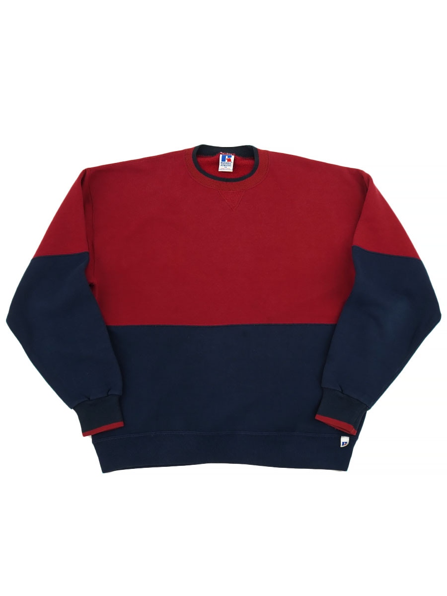 90'S RUSSELL ATHLETIC FRONT V BI-COLOR CREW NECK SWEAT SHIRT (SIZE. X LARGE) MADE IN USA