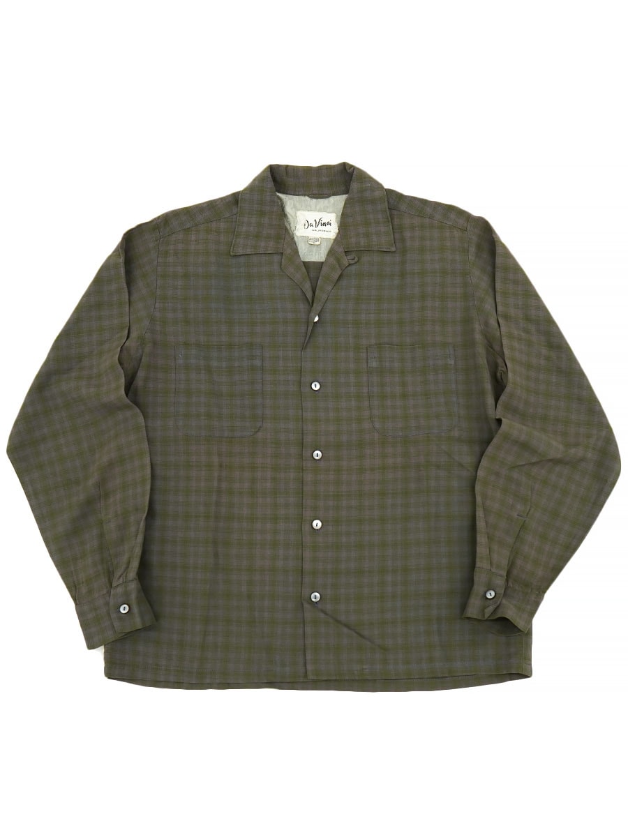 60'S DAVINCI PLAID RAYON OPEN COLLAR SHIRT (SIZE. MEDIUM)