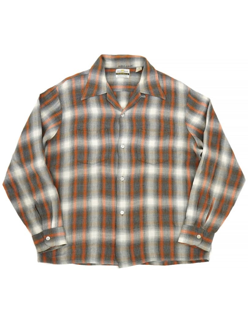 60'S～ GRANT-CREST PLAID RAYON LOOP COLLAR SHIRT (SIZE. LARGE)