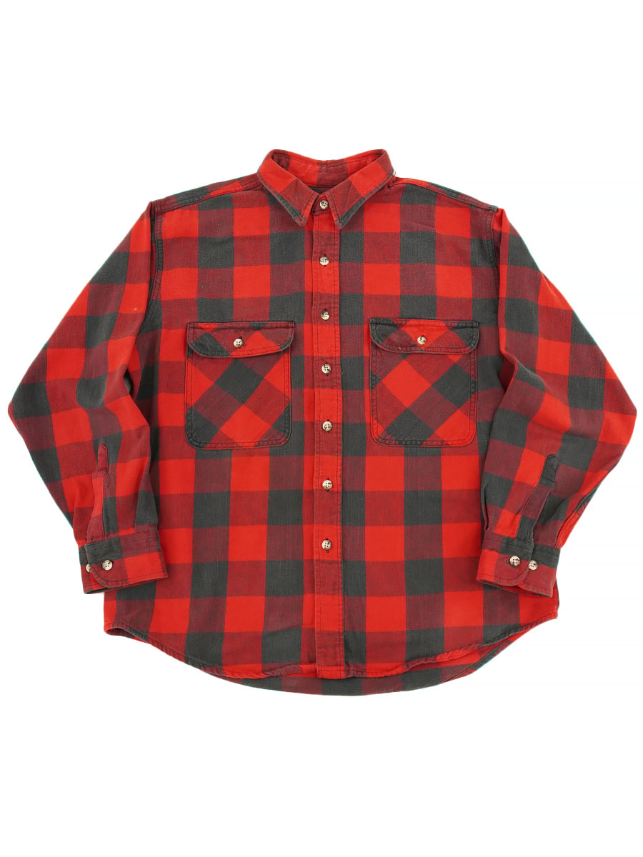 90'S ST.JOHN'S BAY RED X BLK BLOCK CHECK L/S SHIRT (SIZE. X LARGE)