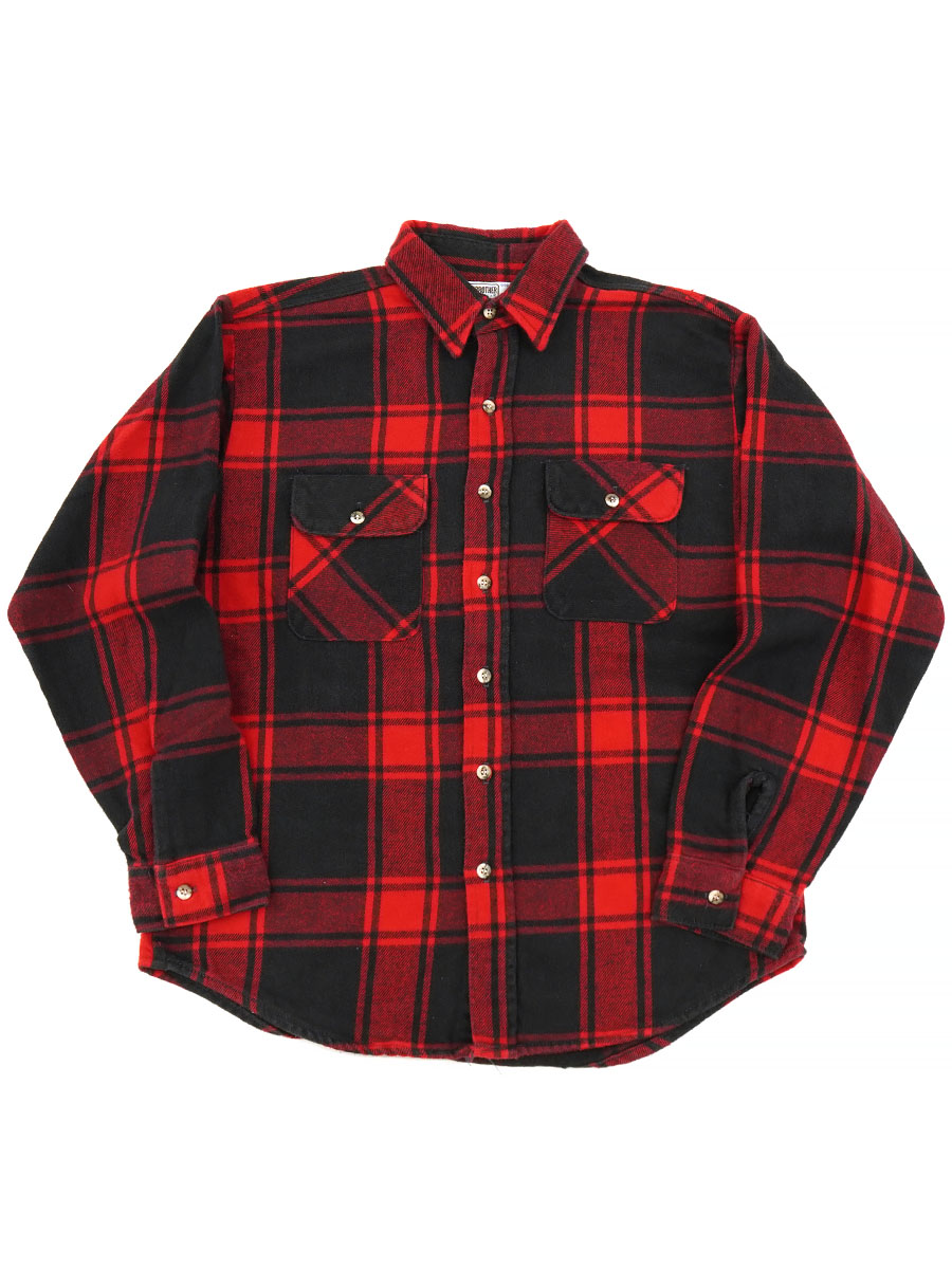 70's FIVEBROTHER RED X BLK PLAID FLANNEL SHIRT (SIZE. LARGE