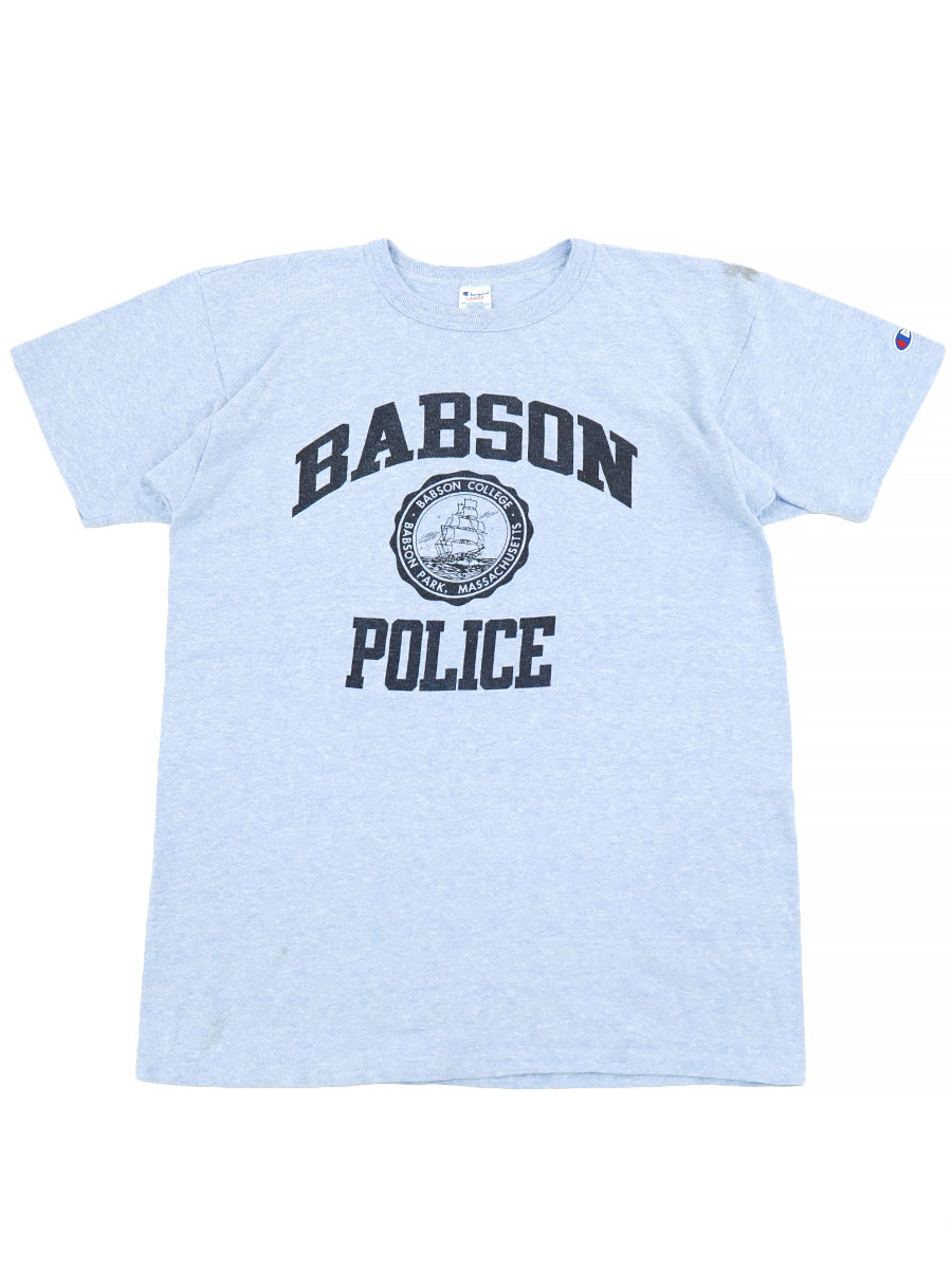80'S CHAMPION 88/12 BLUE ''BABSON POLICE'' INK PRINT T SHIRT (SIZE. LARGE)