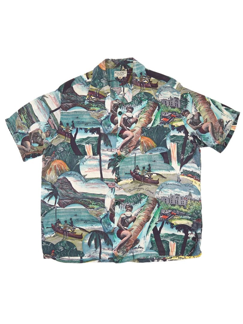 50'S ROOS BROS SPORTSWEAR PICTURE PATTERN RAYON HAWAIIAN SHIRT (SIZE.LARGE)