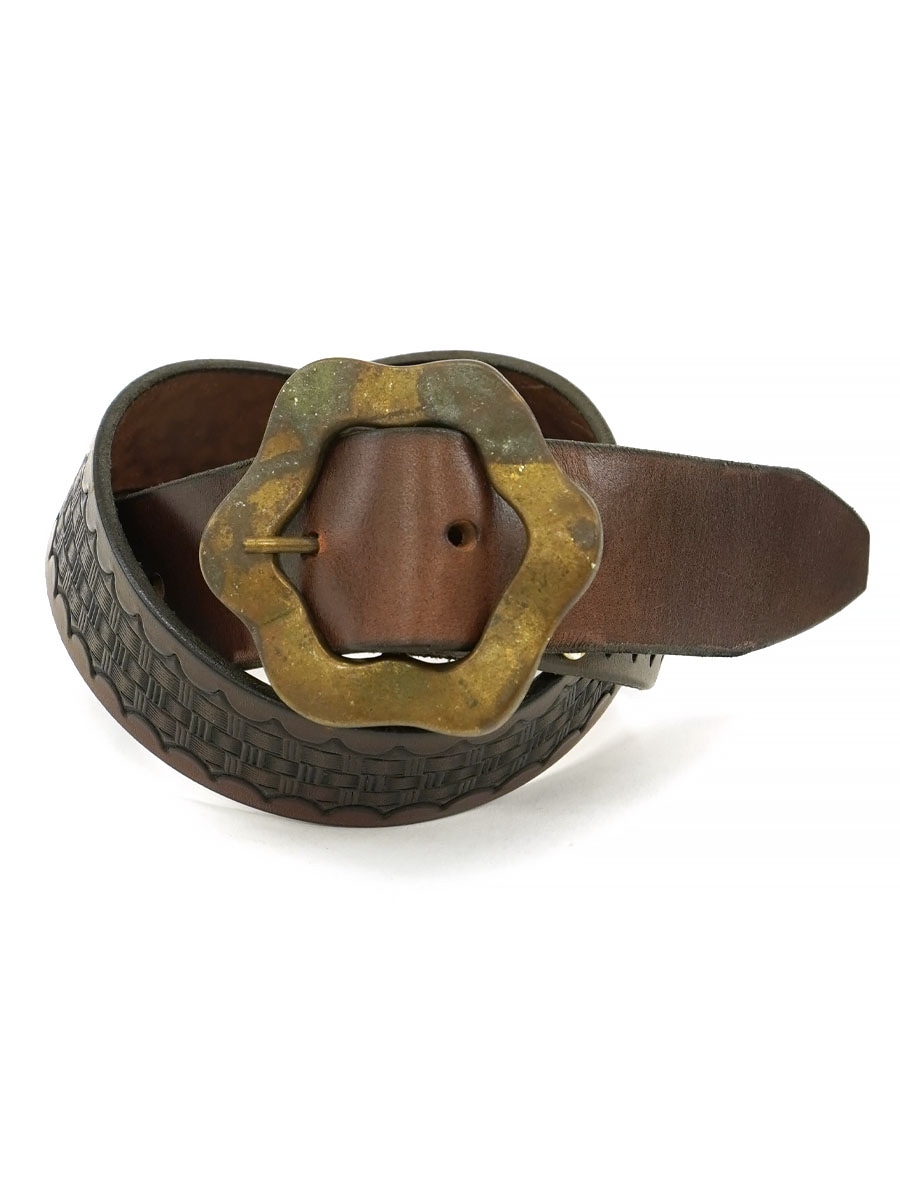 CARVING LEATHER BELT WITH HEXAGON BUCKLE BROWN (SIZE. 32) USA