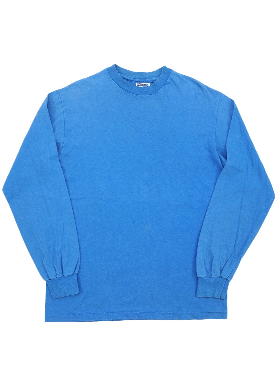 80'S～ HANES PLAIN LONG SLEEVE T SHIRT BLUE (SIZE. LARGE) MADE IN USA