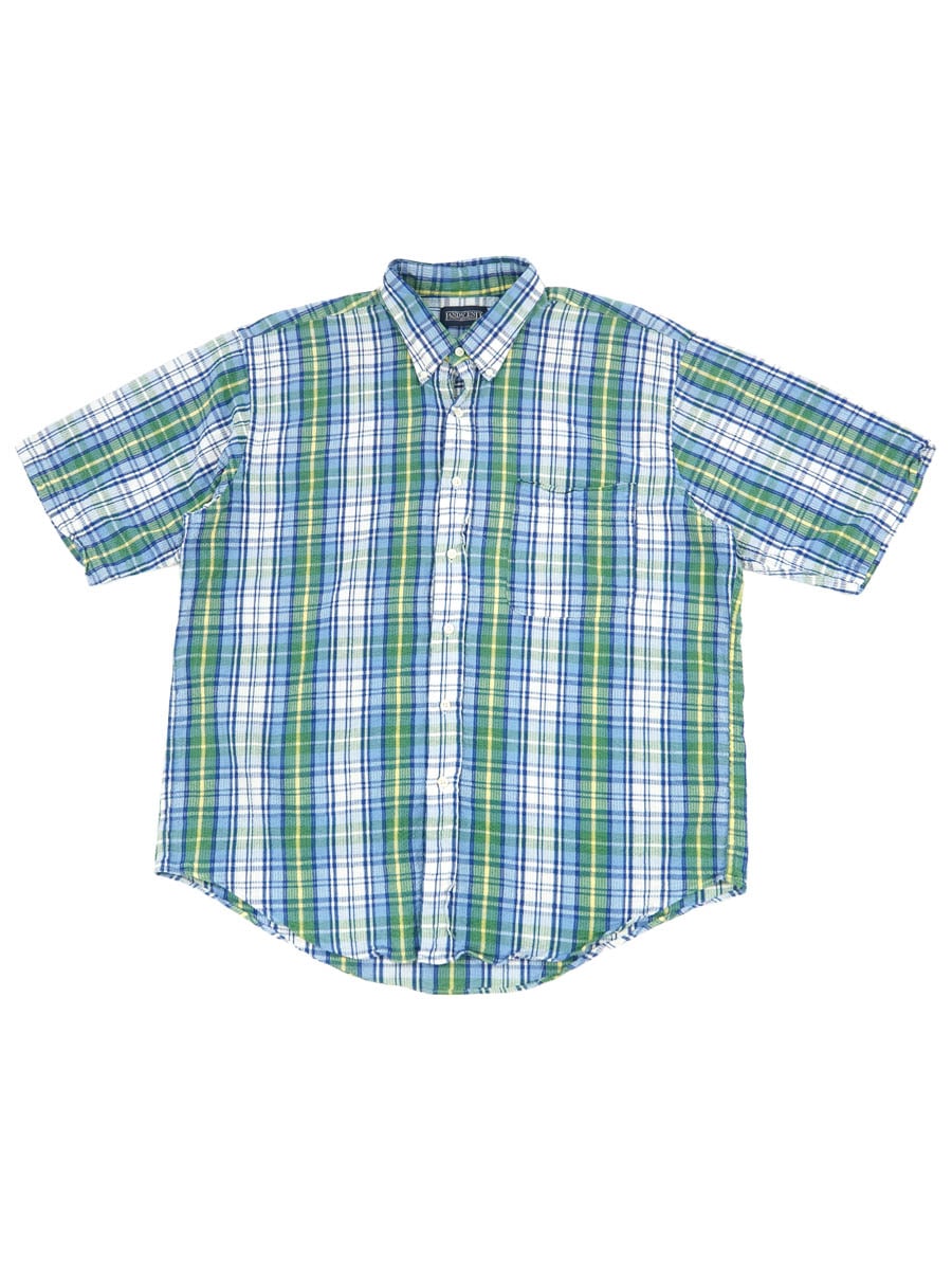 90'S LANDS'END PLAID S/S SEERSUCKER B.D. SHIRT (SIZE.X LARGE)