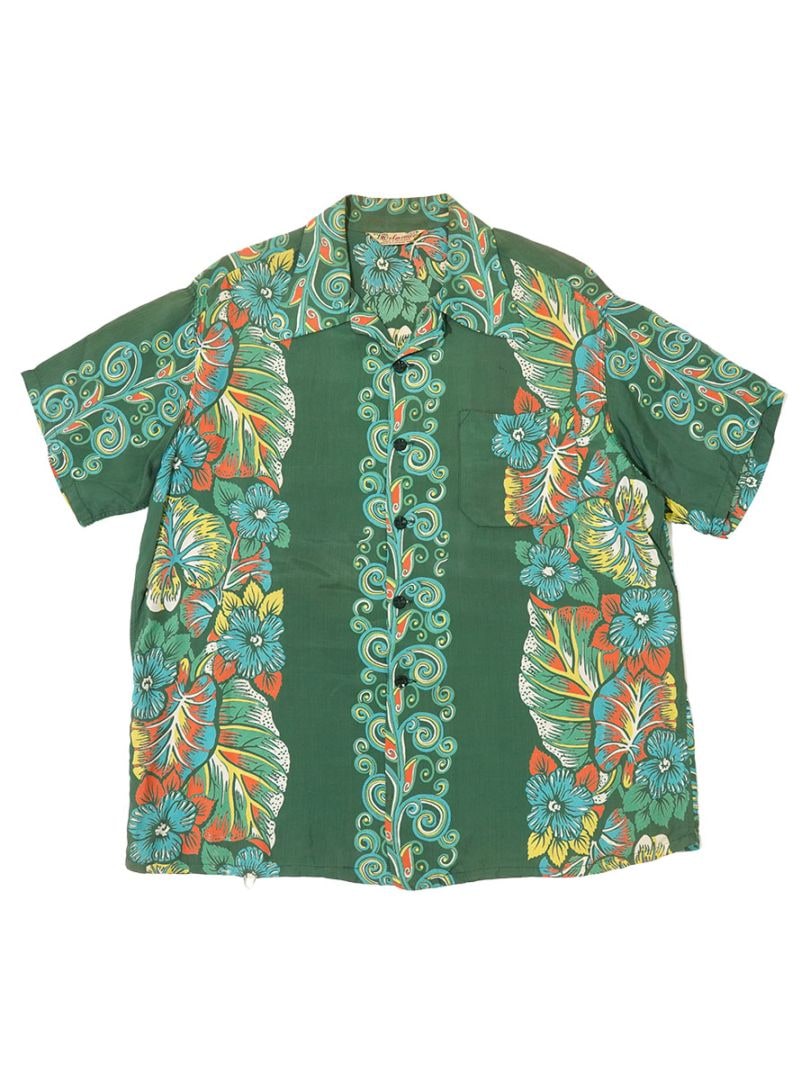 50'S DELMONICO BORDER PATTERN RAYON HAWAIIAN SHIRT (SIZE.LARGE)