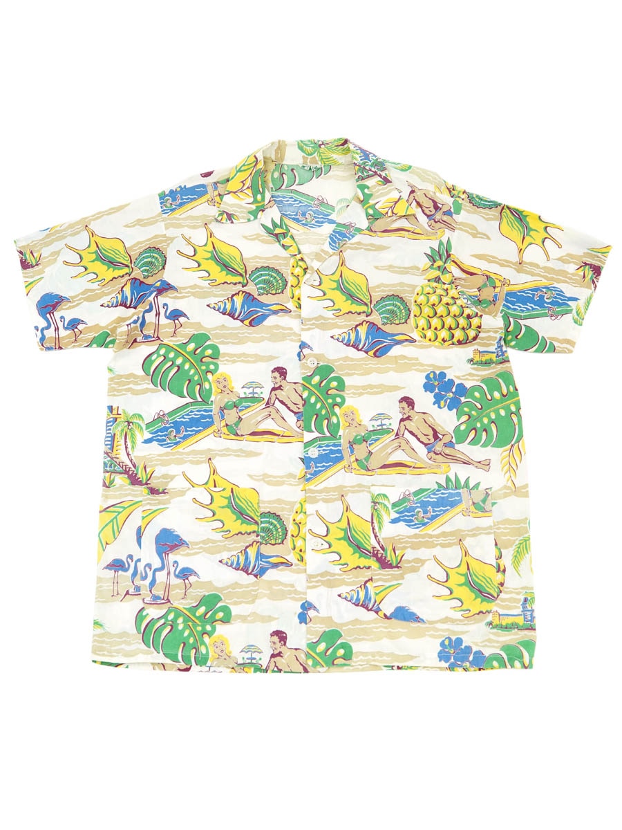 50'S MENTOGS ALL OVER PATTERN COTTON HAWAIIAN SHIRT (SIZE.LARGE)