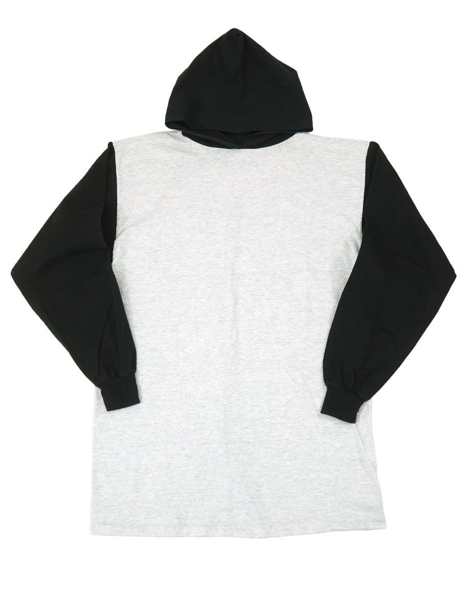 90'S SPORTS LINE HOODED LONG SLEEVE T SHIRT GREY/BLACK (SIZE.LARGE) MADE IN USA