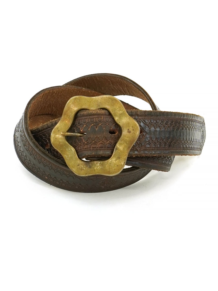 CARVING LEATHER BELT WITH HEXAGON BUCKLE BROWN (SIZE. 34) 