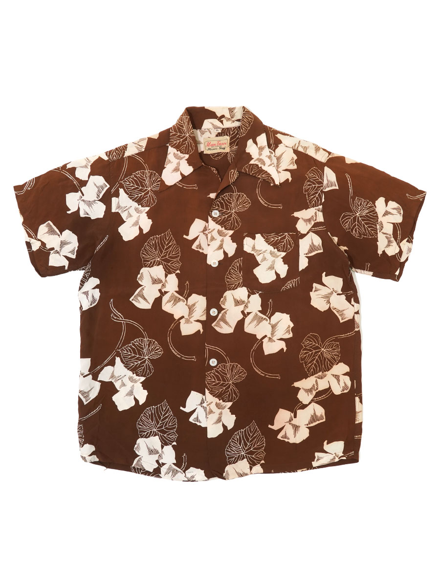 50'S MARK TWAIN LEAF PATTERN RAYON HAWAIIAN SHIRT (SIZE.MEDIUM)