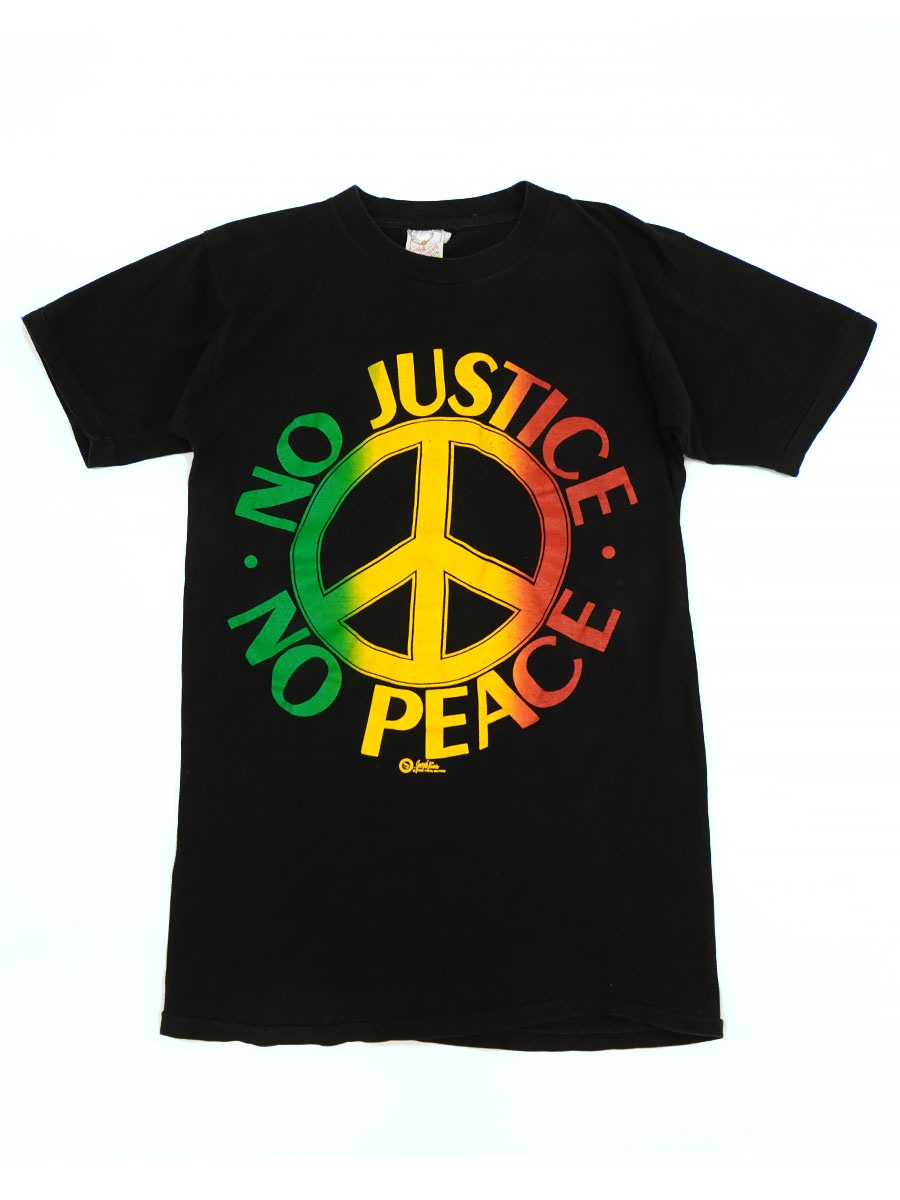 80'S GOLD JEWEL ''NO JUSTICE NO PEACE'' BOTH PRINT T SHIRT (SIZE. X LARGE) 