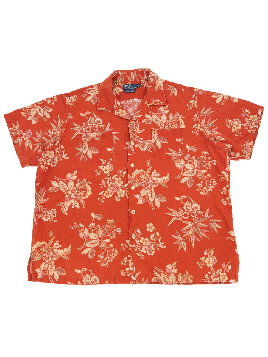 RALPH LAUREN VINTAGE CAMP LINEN×COTTON LOOP COLLAR S/S SHIRT (SIZE