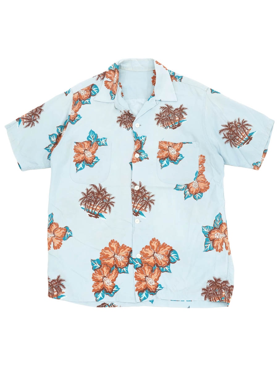 50'S～ HIBISCUS×PALM TREE RAYON HAWAIIAN SHIRT (SIZE.MEDIUM