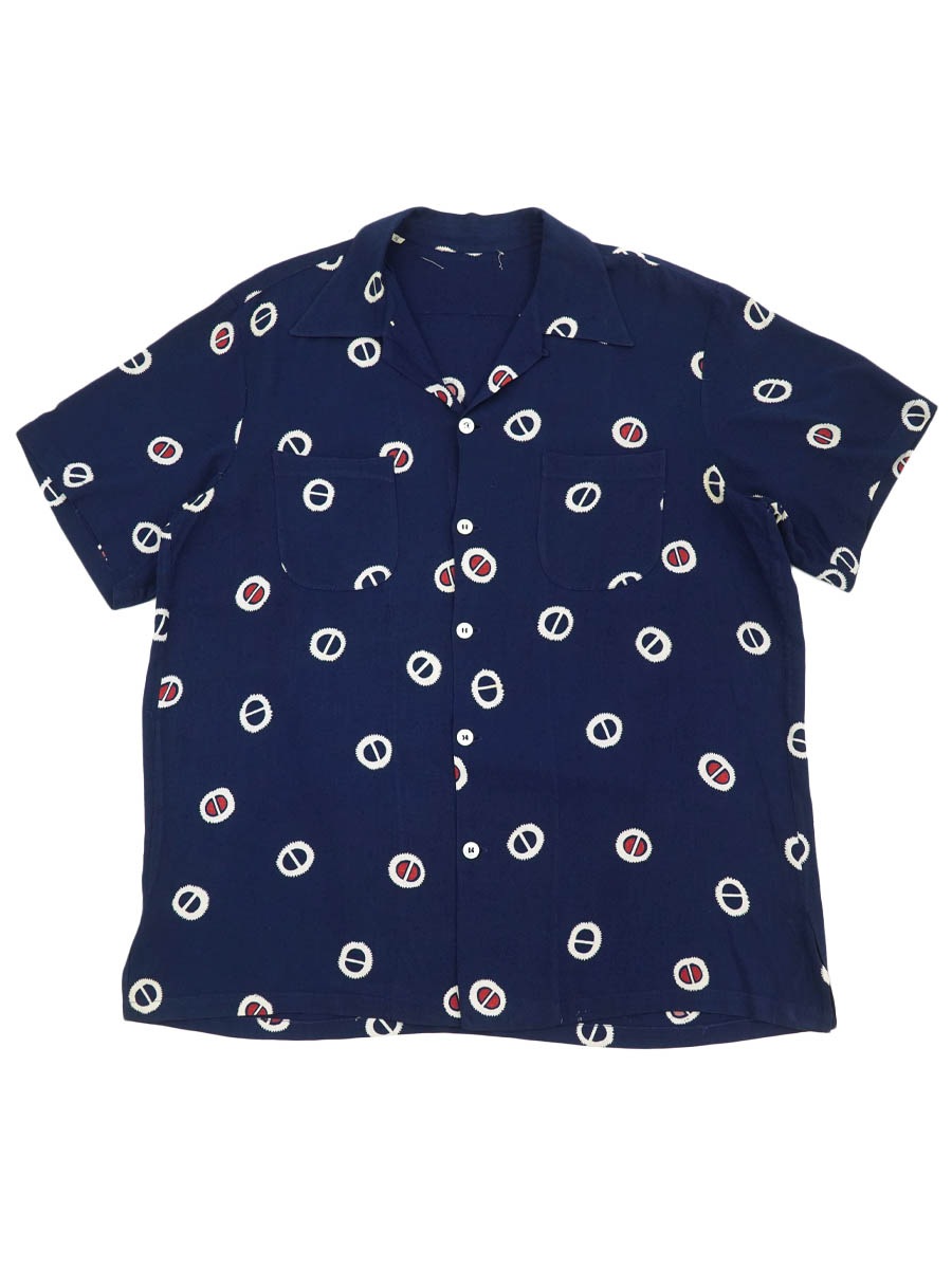 50'S～ LOOP COLLAR ALL OVER PATTERN S/S SHIRT NAVY (SIZE.XL)