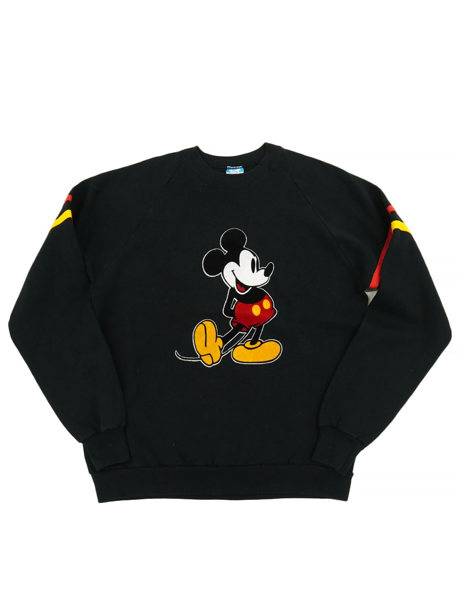 80'S DISNEY MICKEY MOUSE FELT PRINT SWEAT SHIRT BLK (SIZE. X LARGE) MADE IN USA