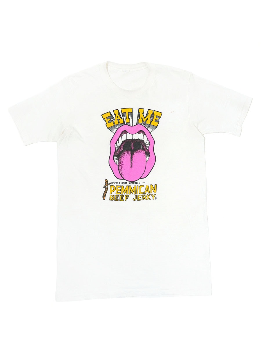 70'S ''EAT ME PEMMICAN BEEF JERKY'' WATER PRINT T SHIRT (APPROX.MEDIUM)