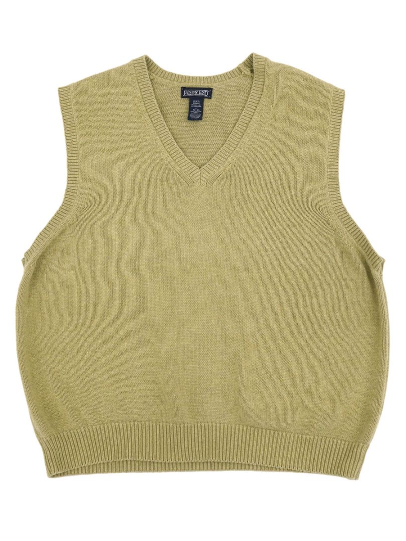 90'S LAND'S END V NECK 100%COTTON KNIT VEST BEIGE (SIZE.LARGE) MADE IN USA