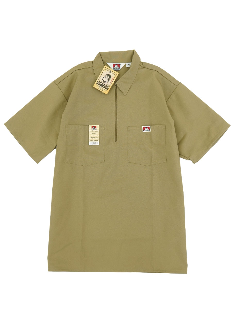 BEN DAVIS HALF ZIP S/S SHIRT KHAKI (SIZE. X LARGE) MADE IN USA NOS