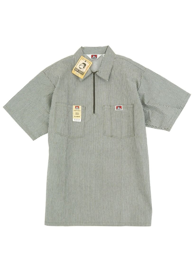 BEN DAVIS HALF ZIP S/S SHIRT GREEN STRIPE (SIZE. X LARGE) NOS