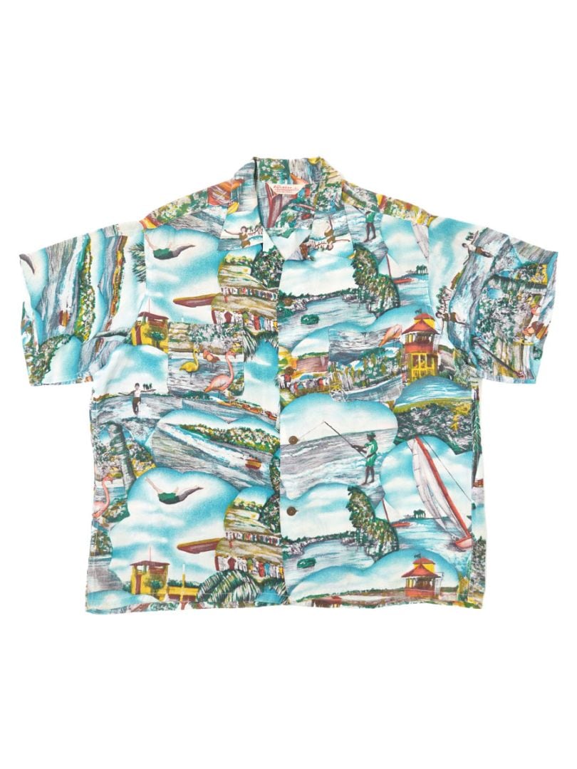 50'S RAYCREST SPORTSWEAR PICTURE PATTERN RAYON HAWAIIAN SHIRT (SIZE.LARGE)