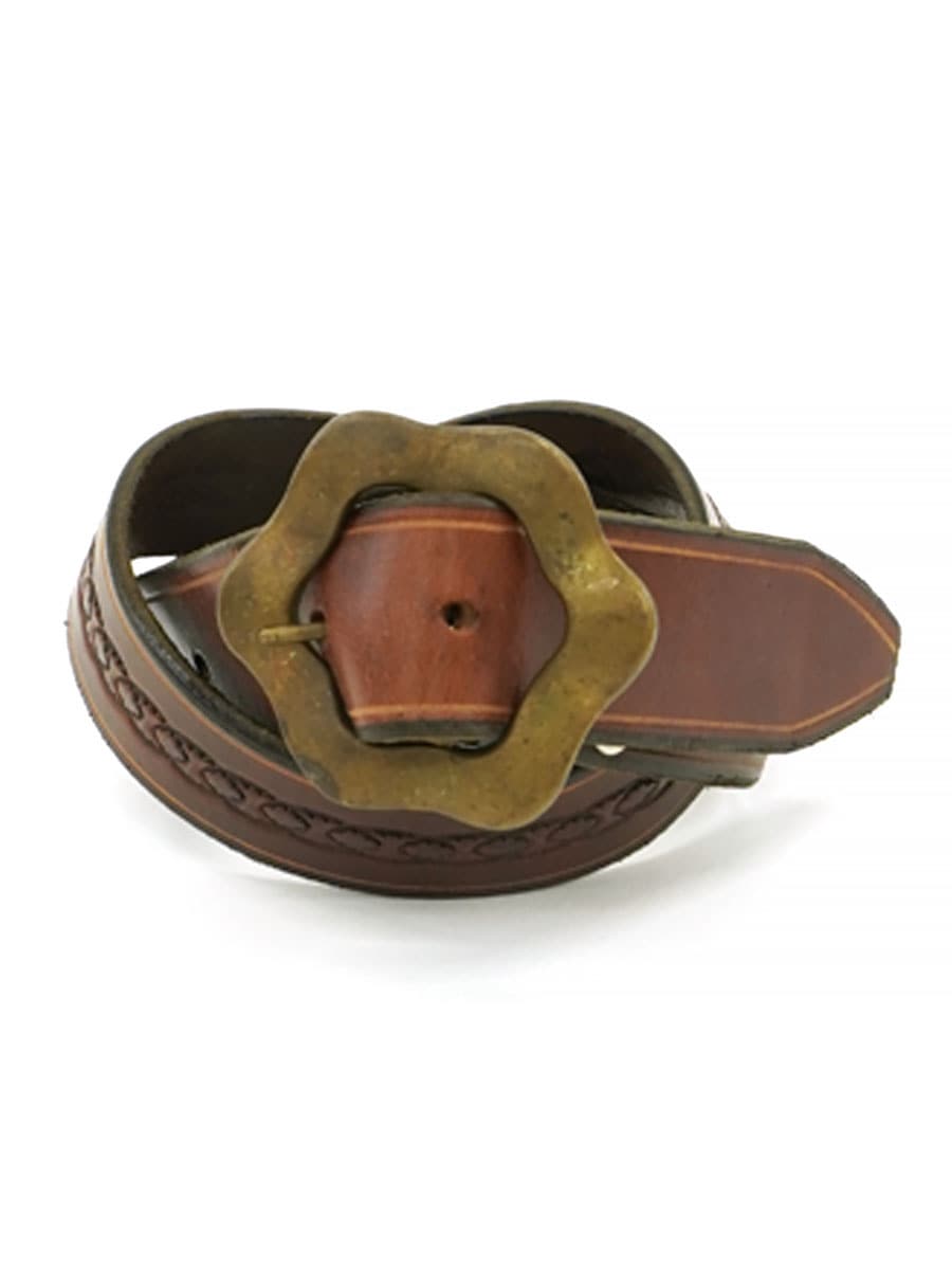 OLD GENUINE LEATHER CARVING BELT WITH HEXAGON BUCKLE BROWN (SIZE