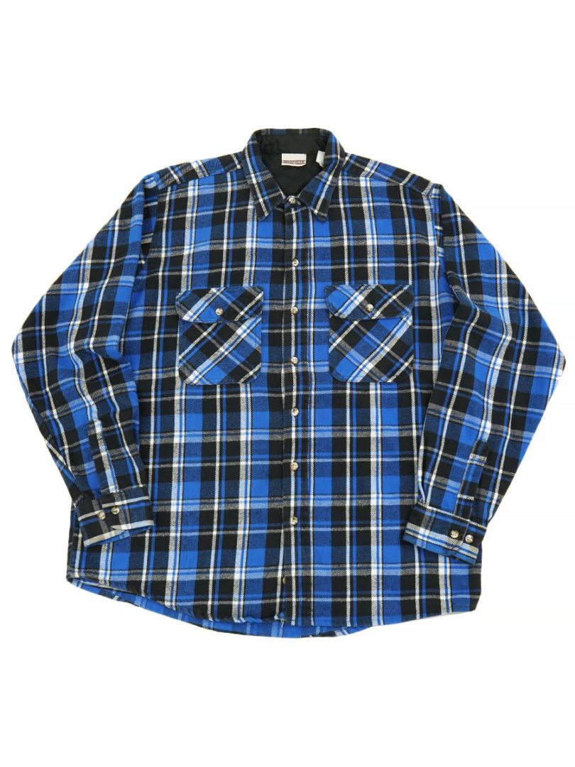 90'S FIELDMASTER BLK X BLUE X WHT PLAID FLANNEL SHIRT (SIZE. X LARGE) MADE IN USA