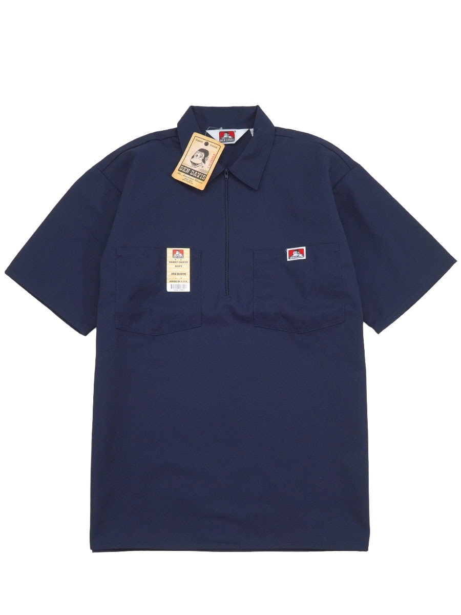 BEN DAVIS HALF ZIP S/S SHIRT NAVY (SIZE. MEDIUM) MADE IN USA NOS