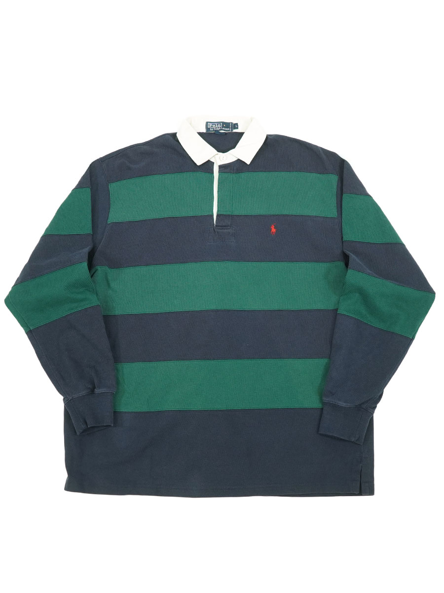 RALPH LAUREN BORDER RUGGER SHIRT GREEN/NAVY (SIZE.LARGE)