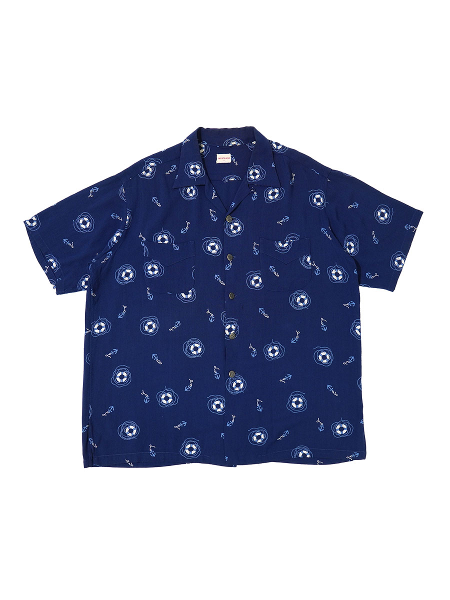 50'S SAKS FIFTH AVENUE ANCHOR＆ FLOAT RING PATTERN S/S RAYON SHIRT (SIZE.X LARGE)