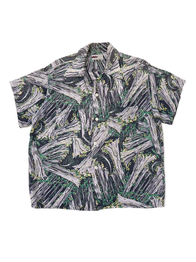 50'S B.V.D TREE PATTERN S/S RAYON SHIRT (SIZE.15-15 1/2)