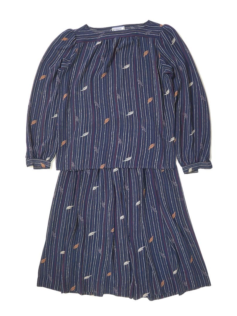 70'S CAMPUS CASUALS FEATHER PATTERN RAYON BLOUSE & SKIRT (SIZE.MEDIUM) LADIES