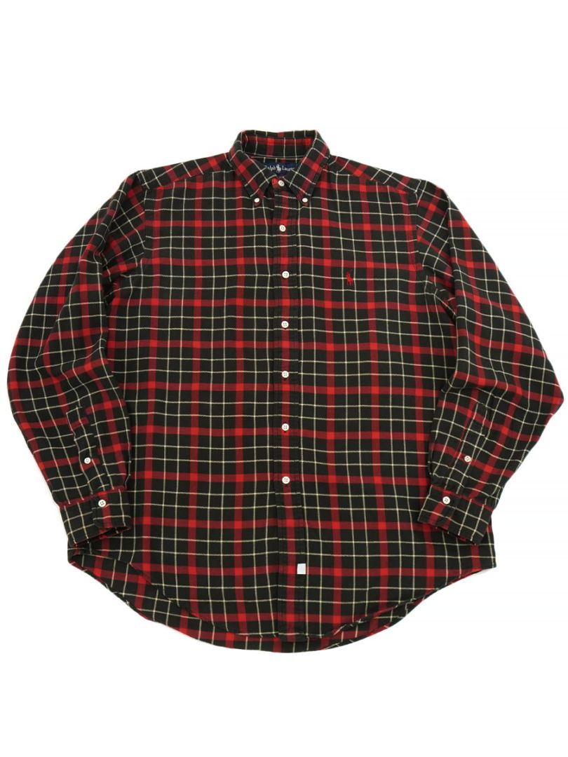 RALPH LAUREN 100% COTTON LONG SLEEVE B.D.SHIRT BLK x RED x WHT (SIZE. LARGE)