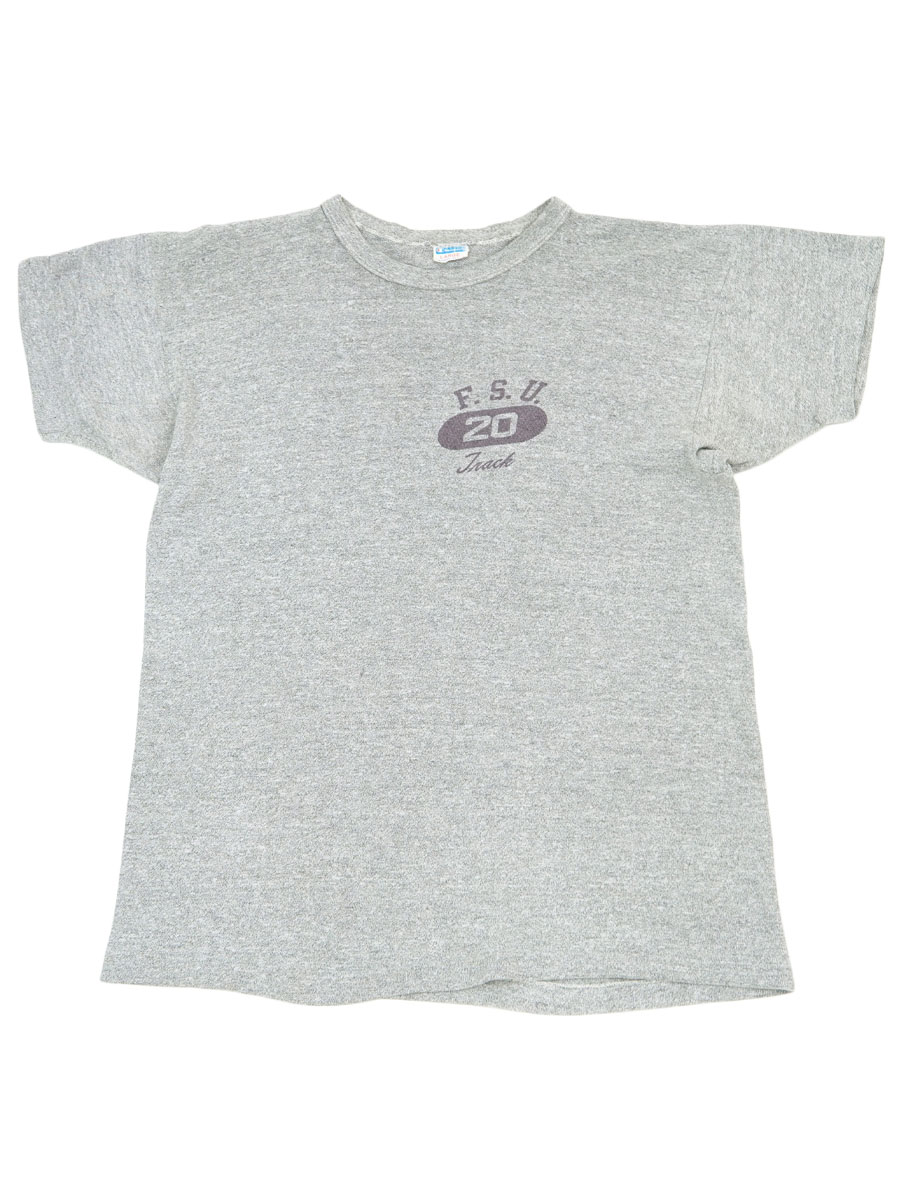 70's バータグ チャンピオン ''F. S. U. TRACK'' 染み込み 霜降りTシャツ 表記(L)