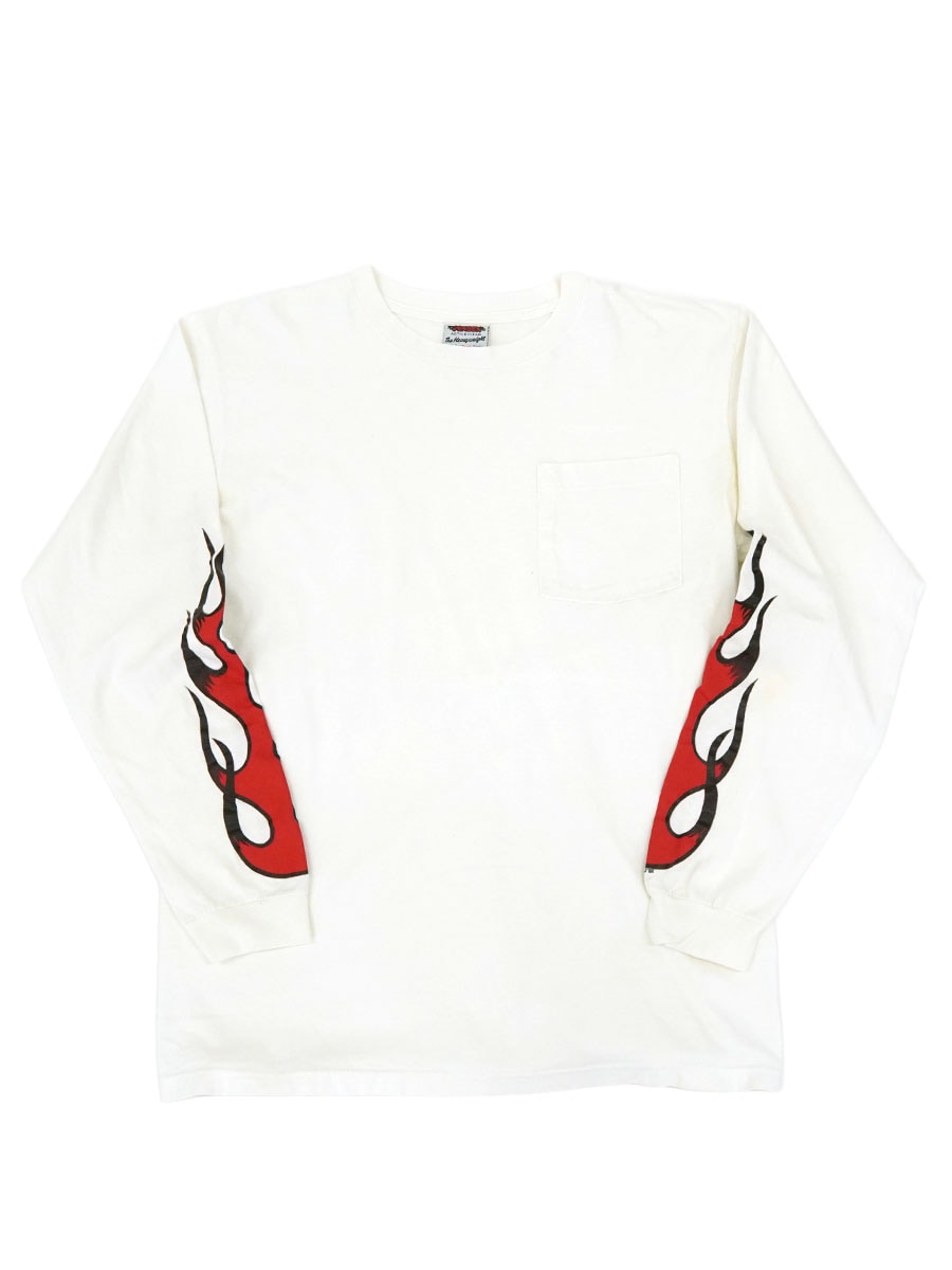 80'S～ JENSEN TRIBAL FLAMES L/S POCKET T SHIRT WHITE (SIZE.LARGE) MADE IN USA