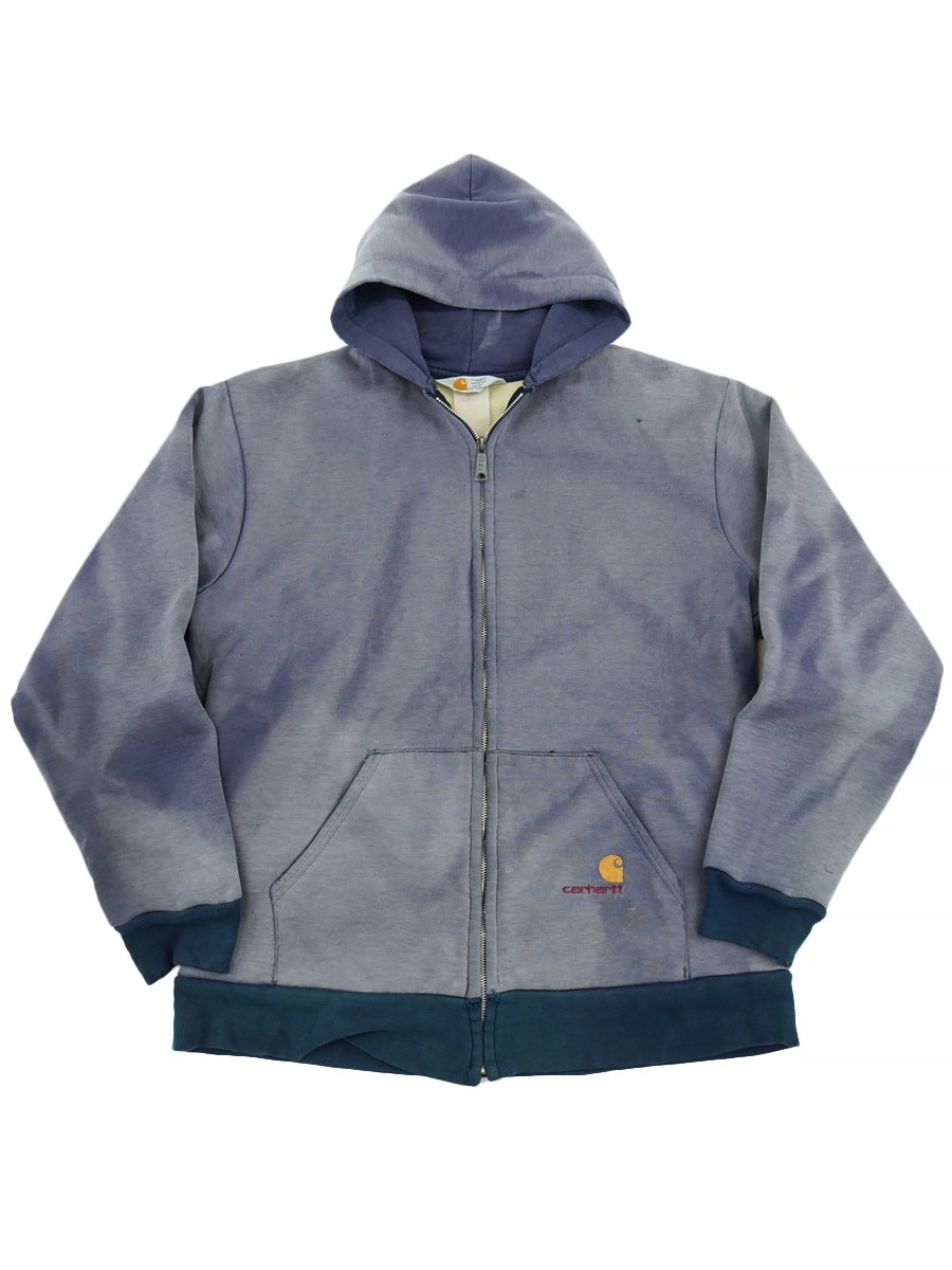 80's Carhartt ロゴ刺繍 裏サーマル フルジップ スウェットパーカー フェードネイビー 実寸(L位) リブ2トーン