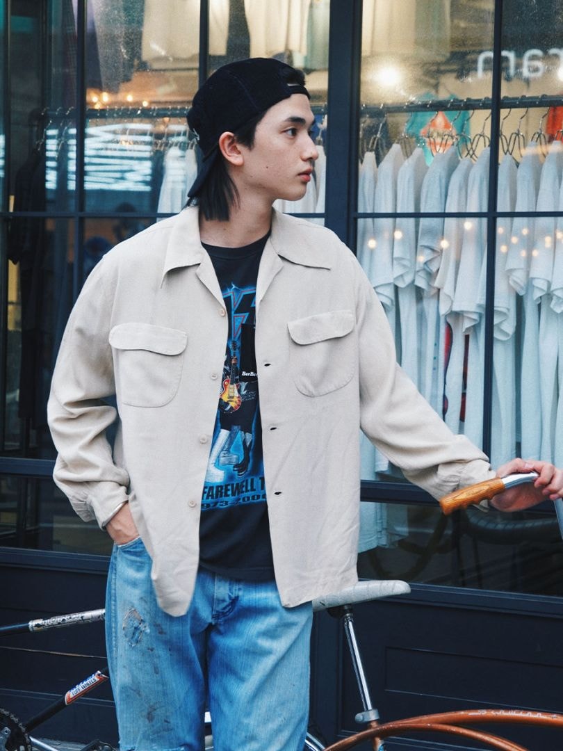 50sギャバシャツ　The Palm Springs やまぶき色 50's The Palm Springs Shirt ループカラー L/S レーヨンシャツ サンド