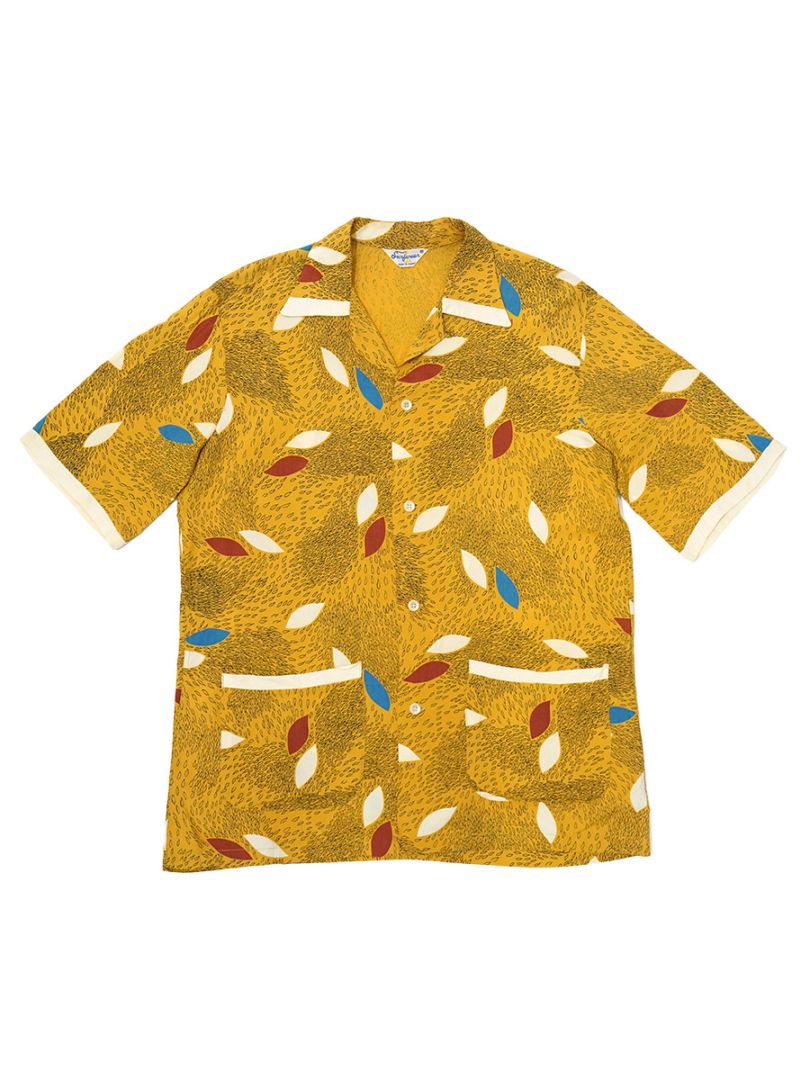 50's Surfwear 総柄 S/S レーヨンシャツ マスタード 表記(M) MADE IN