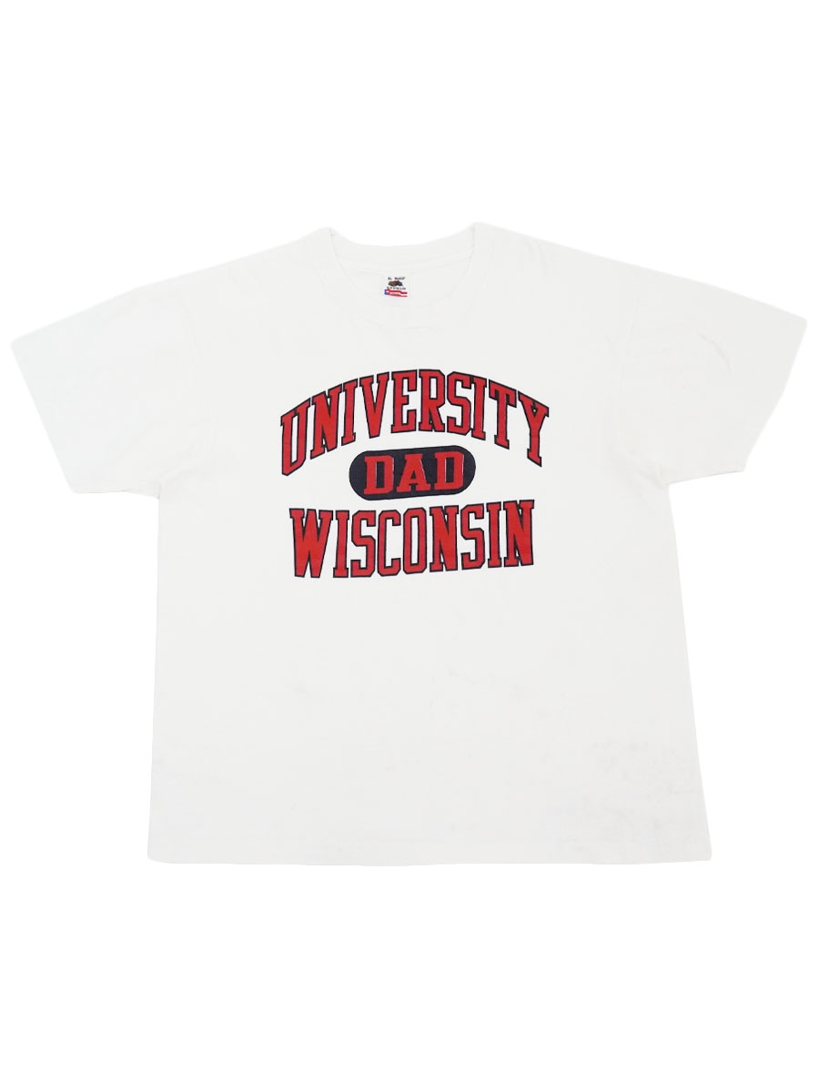 90's FRUIT OF THE LOOM ''UNIVERSITY WISCONSIN DAD'' 3段プリント Tシャツ ホワイト 表記(XL) USA製