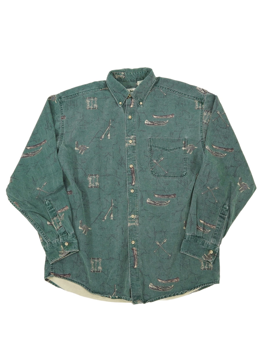 90's L.L.Bean 100％コットン 総柄 ボタンダウンシャツ グリーン 表記(L) USA製