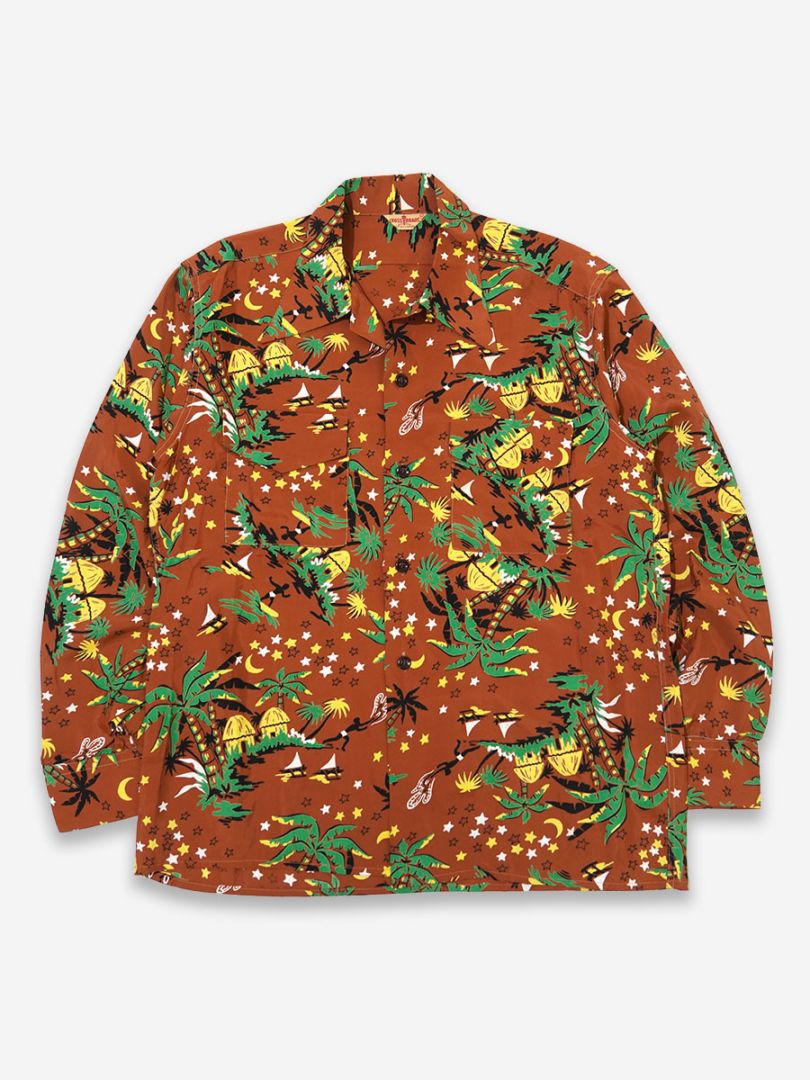 1950'S CROSS ROADS ALL OVER PATTERN L/S HAWAIIAN SHIRT SIZE(M) NOS
