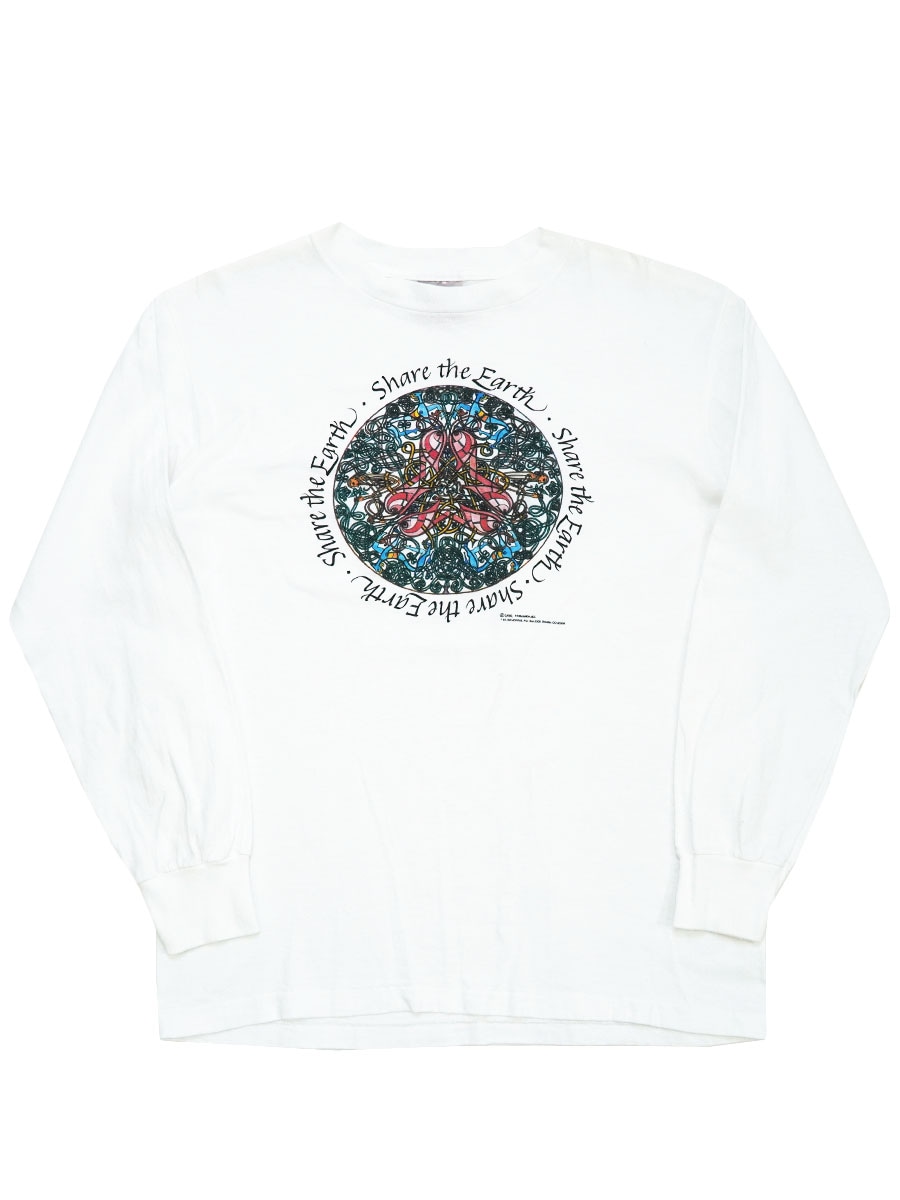90's USA製 ONEITA シングルステッチ ロンT 長袖Tシャツ XL 90's ONEITA ''share the earth'' ロングスリーブTシャツ ホワイト