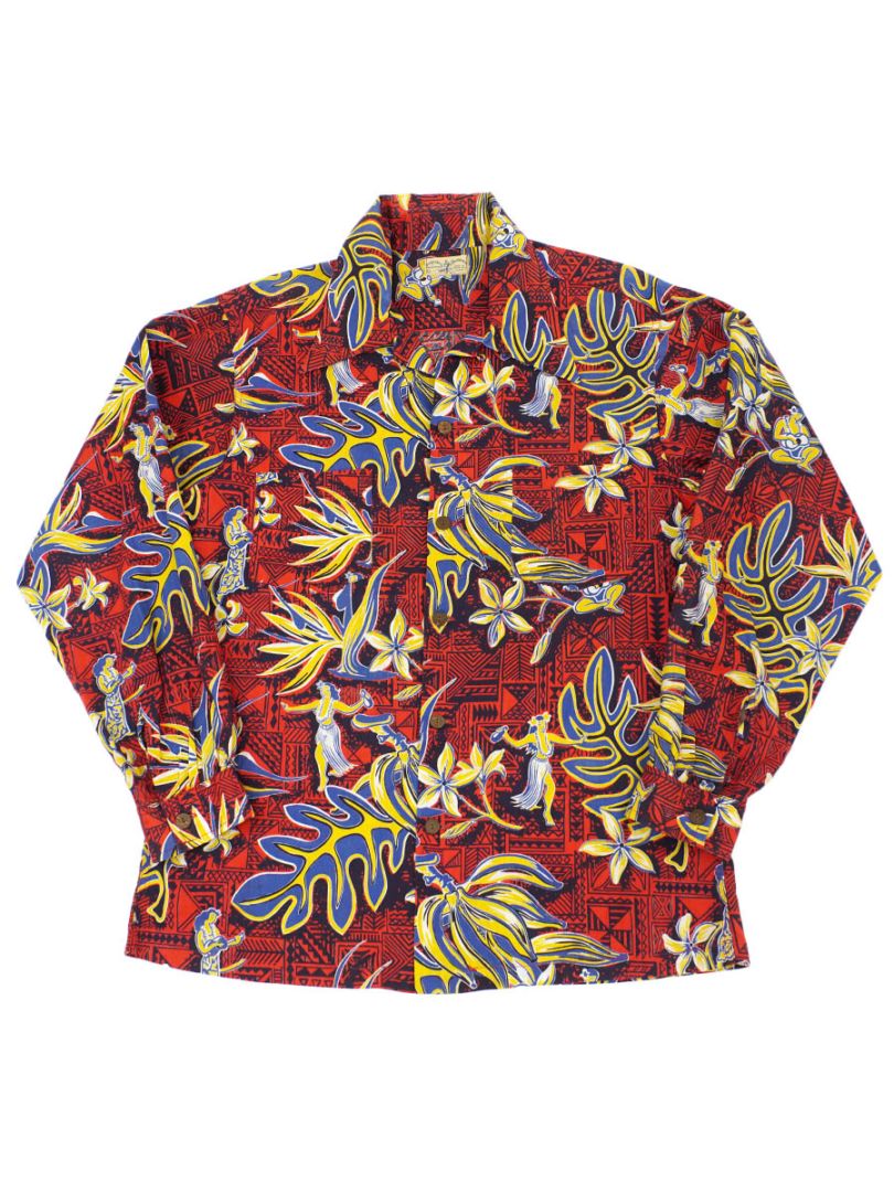 40's Surfriders Sportswear ボタニカル柄 L/S コットンハワイアンシャツ 表記(L)