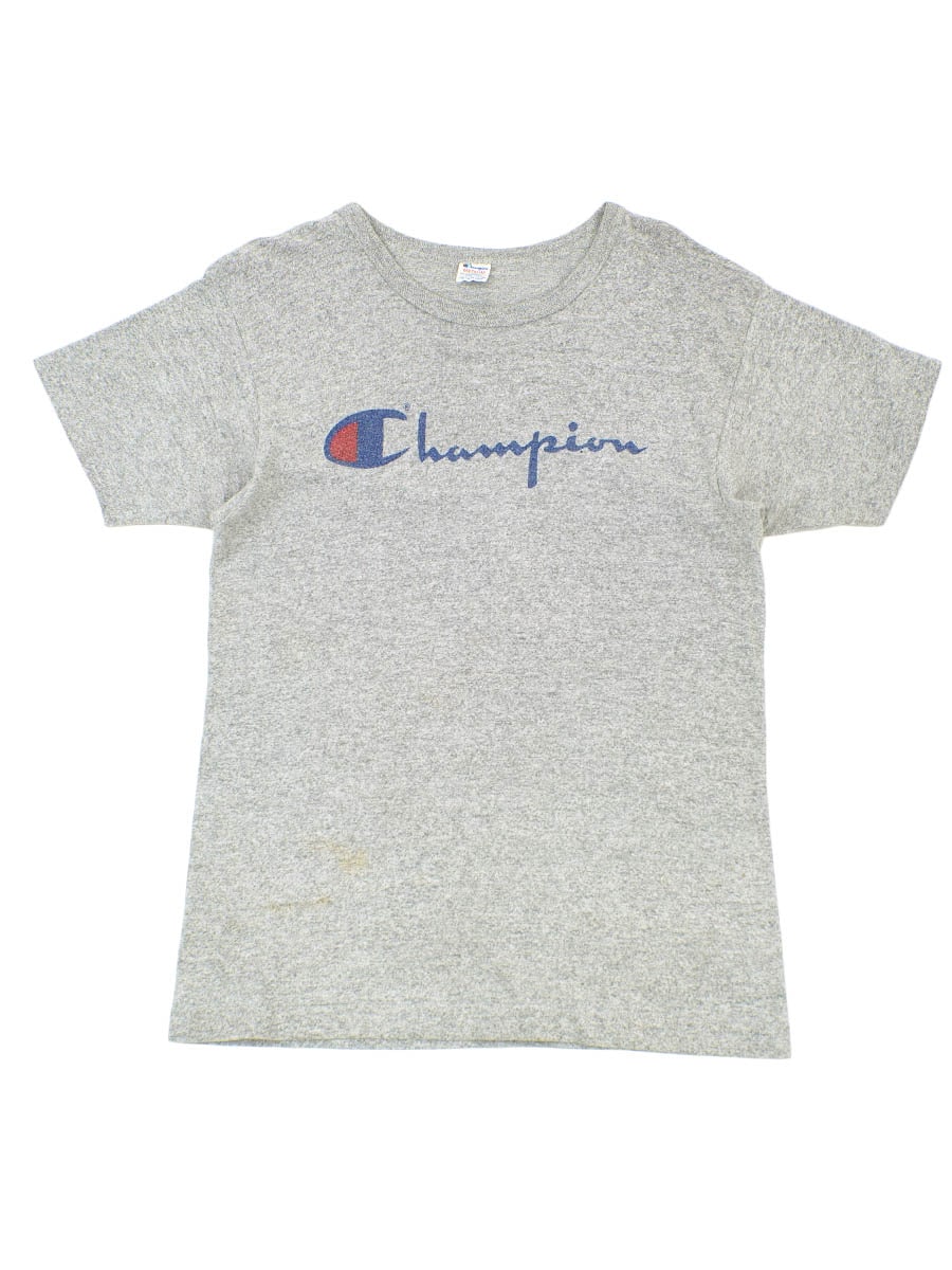 80's トリコタグ チャンピオン スクリプトロゴ 染み込み 霜降りTシャツ 表記(M)