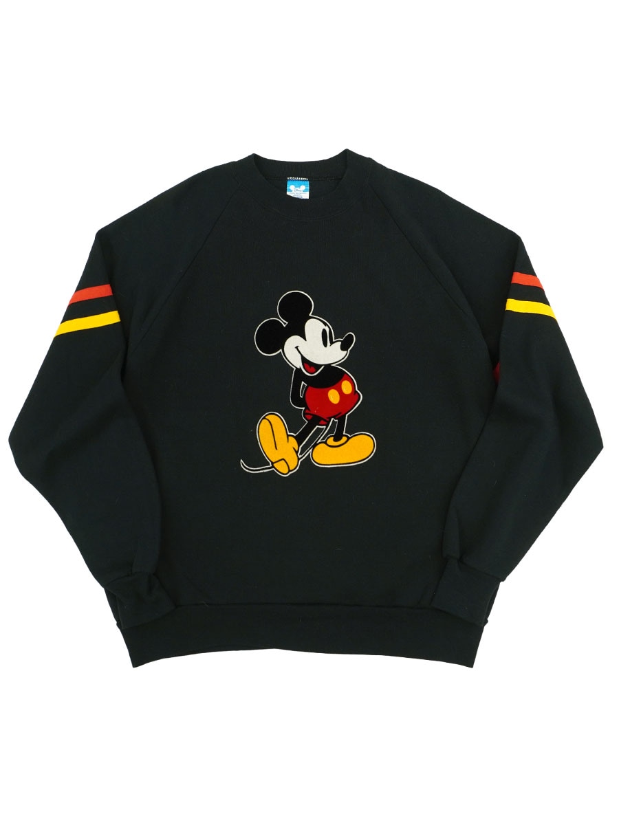 80's Disney ミッキーマウス フェルトプリント 袖ライン スウェット 黒