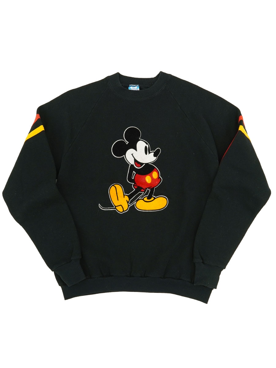 80's Disney ミッキーマウス フェルトプリント 袖ライン スウェット 黒 表記(XL) USA製
