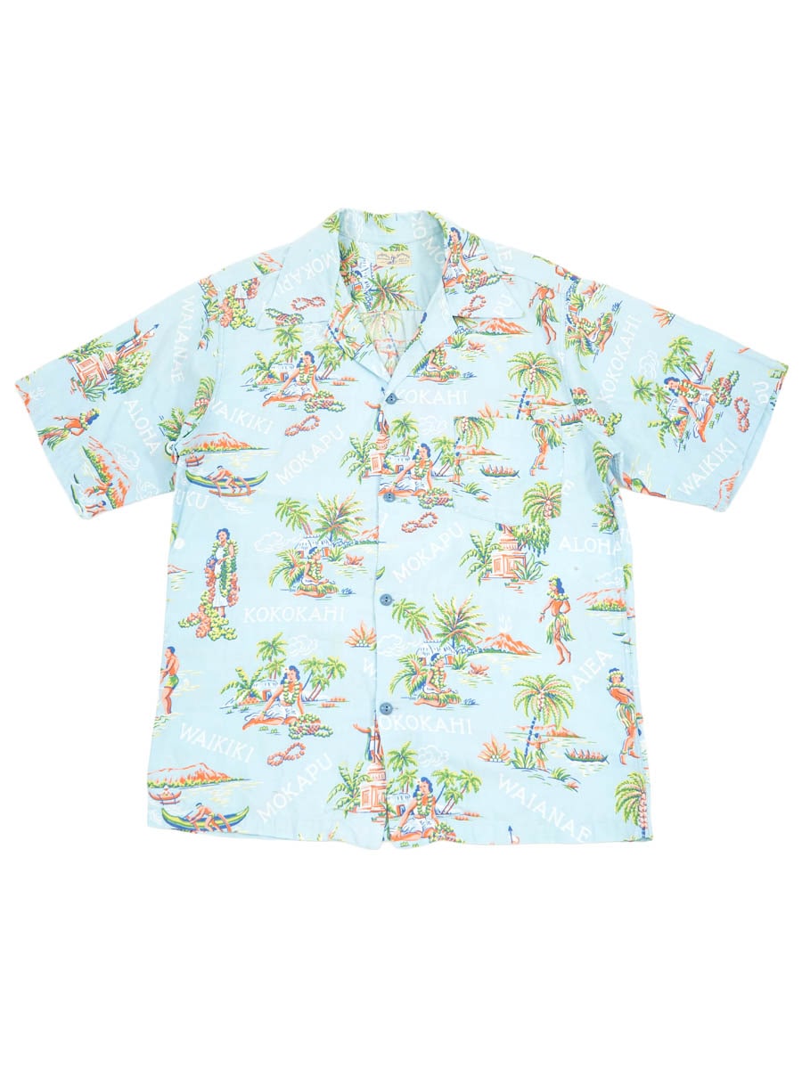 50s National マイアミスタイル ハワイアンシャツ パームツリー 50's Surfriders Sportswear フラガール×パームツリー コットン