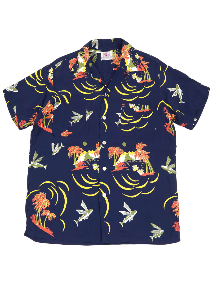 50's KAHANAMOKU ループカラー パームツリー×トビウオ ハワイアン
