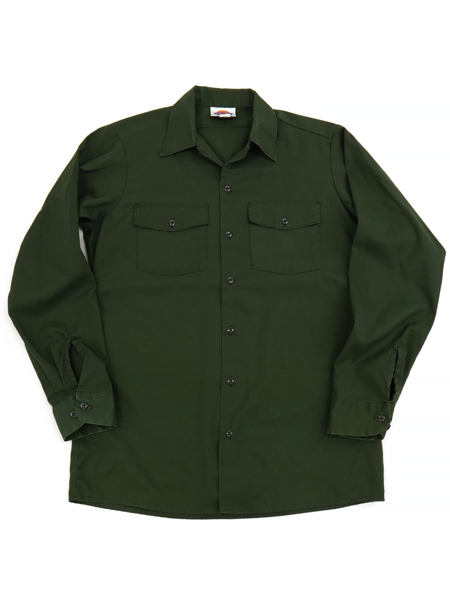 80's～ Dickies L/Sワークシャツ オリーブグリーン 表記(15-15 1/2