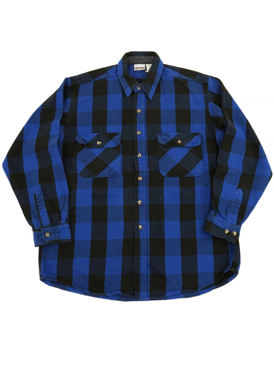 90's～ FIELD&STREAM 青×黒 ブロックチェック柄 フランネルシャツ 表記(XL-TALL)